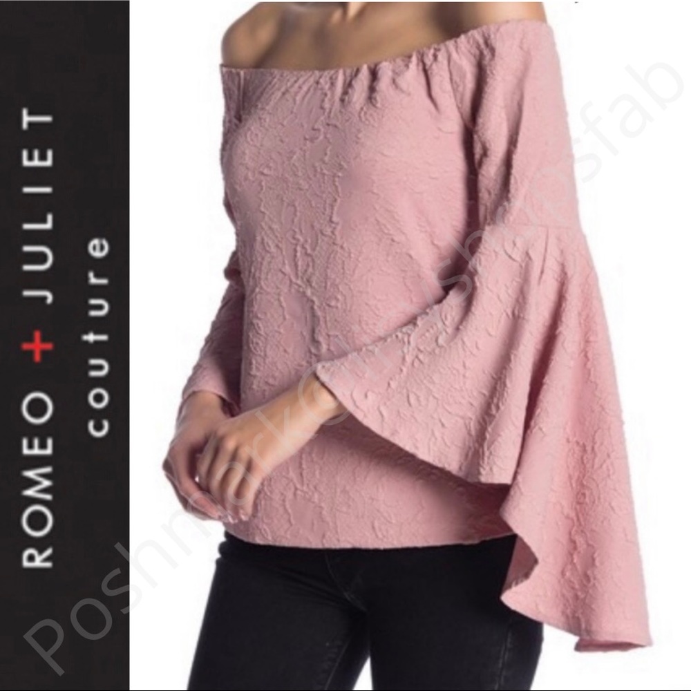 ROMEO AND JULIET COUTURE OFF THE SHOULDER BELL SLEEVE BLOUSE TOP LACE DESIGN